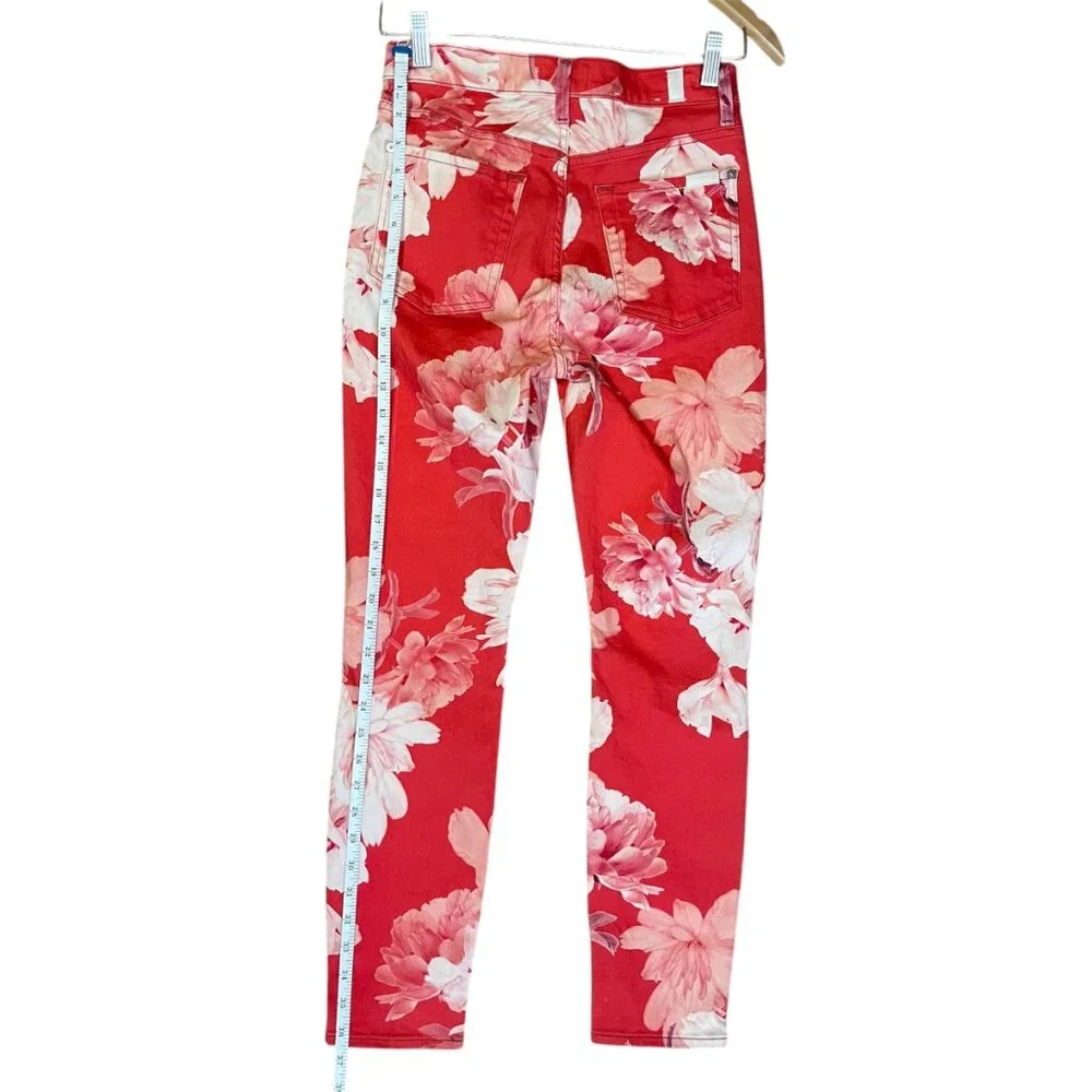 7 For All Mankind High Waist Ankle‎ Skinny Floral Jeans Red Pink Sz 27 Statement